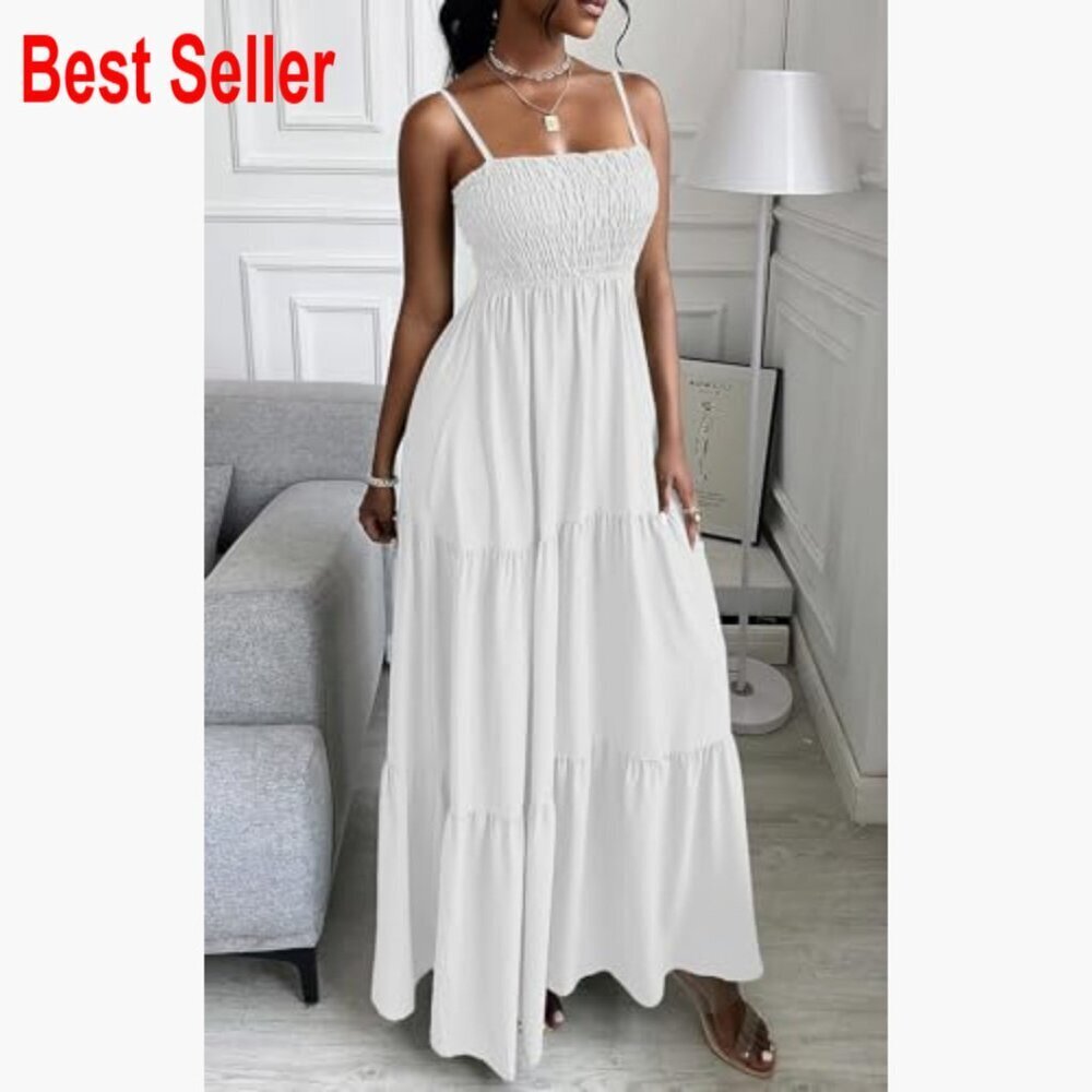 Polyester Maxi Dress with Spaghetti Straps Smocked Bodice Tiered - Picture 5 of 7
